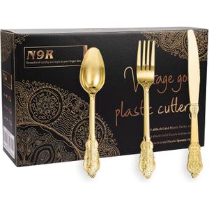N9R 300pcs Gold Plastic Silverware Dinnerware Flatware- Heavyweight Plastic Cutlery Set, 100 Forks, 100 Spoons, 100 Knives, Gold Utensils for Party, Thanksgiving, Christmas