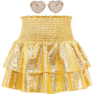 American Trends Girls Sequin Sparkly Skirts Girls Metallic Skirt 2-Layer Ruffle Skirts with Sunglasses Cheerleaders Skirt (10-11 Years, Gold)
