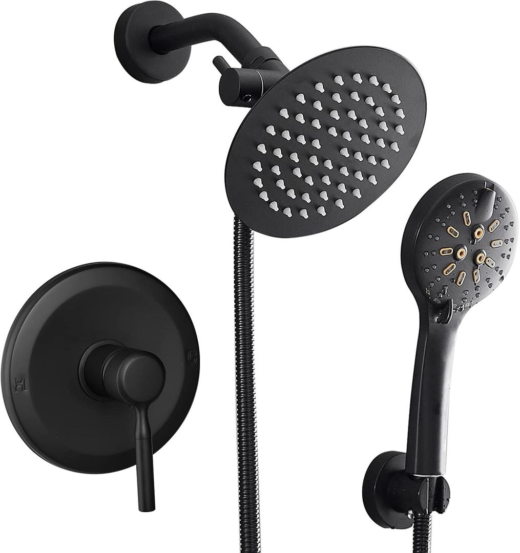 Black Shower Faucet With Handheld Shower Head & Valve Shower System combo With 6 Inch High Pressure Rainfall trim kit Set Complete