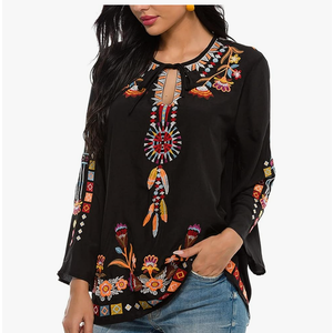 AK Women's Embroidered Tops Mexican Shirt V Neck Summer Casual Tops Peasant Tunic Loose Blouse, XL
