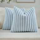 FUTEI Light Blue Striped Decorative Throw Pillow Covers 20x20 Inch Set of 2,Square Fall Decorations Couch Pillow Case,Soft Cozy Faux Rabbit Fur & Velvet Back,Modern Home Decor for Bed