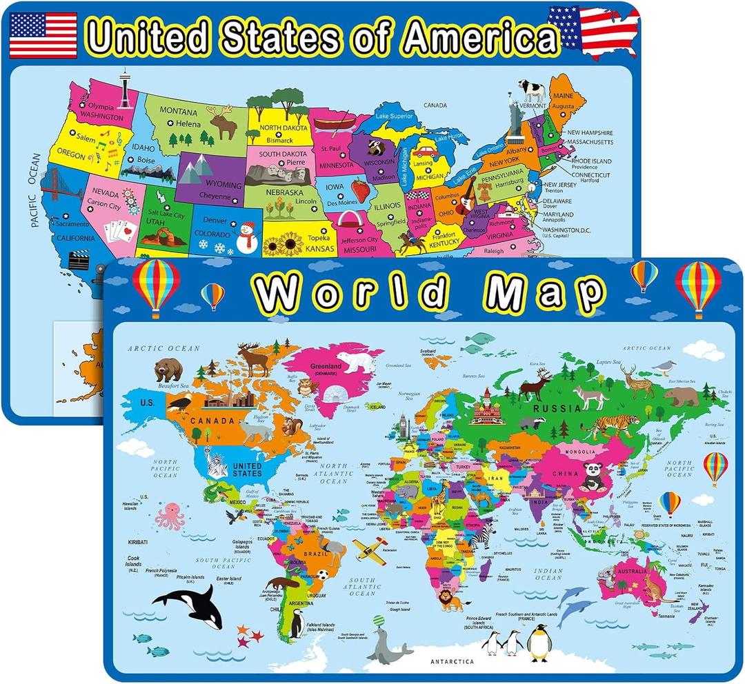 Patelai 2 Pcs Educational Placemats Learning Kids World Map United States Map Placemats Washable Reusable Non Slip for Nursery Homeschool Kindergarten Classroom Supplies