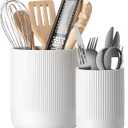 LE TAUCI Utensil Holder for Kitchen Counter, 7.3"+5.4" Fluted Ceramic Utensil Crock Organizer for Countertop, Heavy Large Holder for Spatulas, Spoons, Set of 2, White, Kitchen Counter Decor