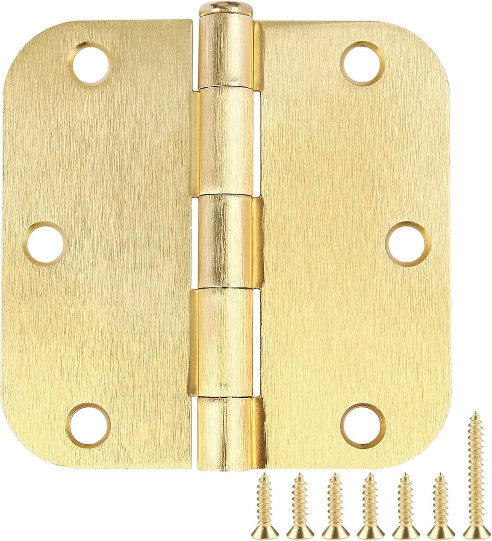 Door Hinges Satin Brass 3.5 Inch x 3.5" Interior Gold Door Hinges for Doors 12 Pack Brushed Brass Door Hinges 3-1/2" Rounded 5/8"Radius Corners Bedroom Residential Standard Indoor Door Hardware Hinge
