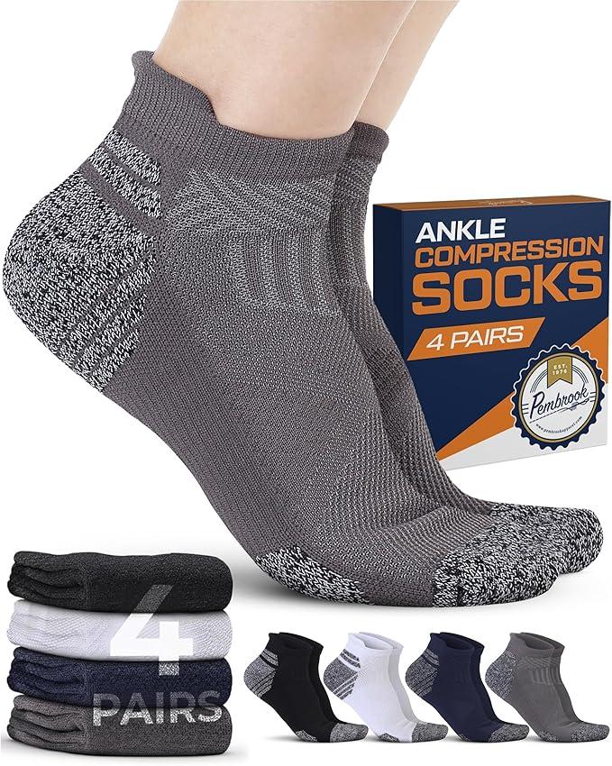 Pembrook Ankle Compression Socks for Women & Men - 4 Pairs | Sports Running Compression Socks | Athletic Ankle Support Socks, Large