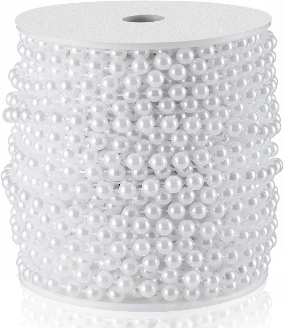 Craft String Pearls 6MM Pearl Bead, 66 Feet White Faux Pearl Garland Spool Roll Strand Wedding Party Decoration, Christmas Tree Decorations (0.24 in 66 ft)