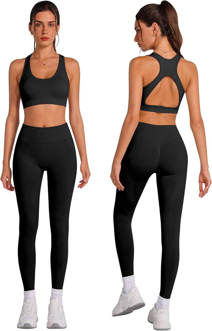 ABOCIW Women's Seamless Workout Sets Racerback Sports Bra Crop Tank Top High Waist Leggings 2 Piece Gym Yoga Outfits (Medium, Cutout Black)