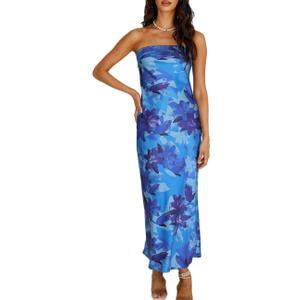 Realtix Satin Silk Backless Tube Tops Maxi Dress for Women Low Back Hollow Out Elegant Strapless Long Dresses Wedding Guest, Small