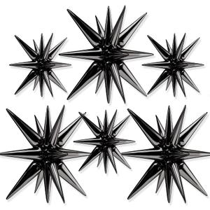 PartyWoo Black Star Foil Balloons 6pcs Different Sizes Pack of 27 22 Inch Large Black Explosion Spike Mylar Balloons for Graduation Birthday Retirement Anniversary Space Theme Party Decorations