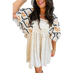 SELINK Womens A-Line Summer Flowy Pleated Casual Dresses Short Sleeve Square Neck Western Aztec (White)