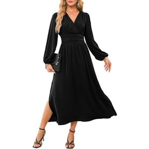 Dokotoo Womens Wrap V-Neck Empire Waist Dress Lantern Sleeve Ruched Side Slit Elegant Maxi Dress M long