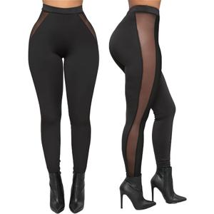 Atyfuniby Womens Leggings High Waisted - Sexy Skinny Mesh See Through Pants Party Clubwear (Large, Side Sheer Black)