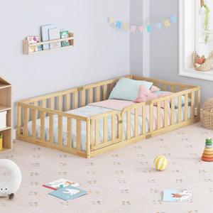 Spirich Twin Size Kids Floor Bed Frame with Fence and Door, Solid Wood Montessori Floor Bed for Kids with Safety Guardrails, Twin Bed Frame for Boys and Girls, Natural, 77"L x 40.9"W x 16.1"H