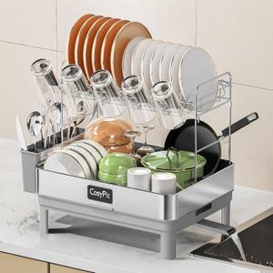 2 Tier Dish Drying Rack, Thicker Premium 304 Stainless Steel Dish Racks for Kitchen Counter, Automatic Drainage Spout, Dish Drainer & Drainboard Set with Utensil Holder and Cup Holder, Grey (Gray)