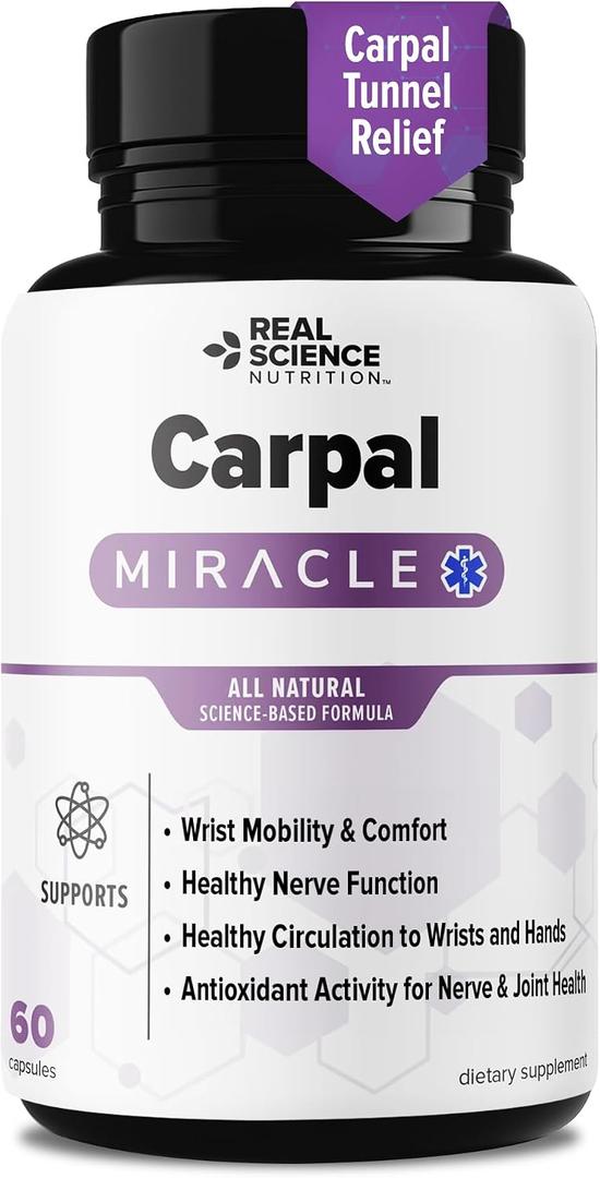 Real Science Carpal Miracle – All Natural Carpal Tunnel Relief & Wrist Support Supplement with Vitamins B6, B12, C, D, K + GABA – Hand & Nerve Comfort – Made in USA, 60 Caps
