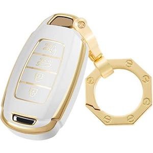 YHC for Hyundai Key Shell, Key Fob Cover Case with Gold Keychain fit Hyundai Fe Palisade Kona Elantra GT Veloster Silicone (4-White)