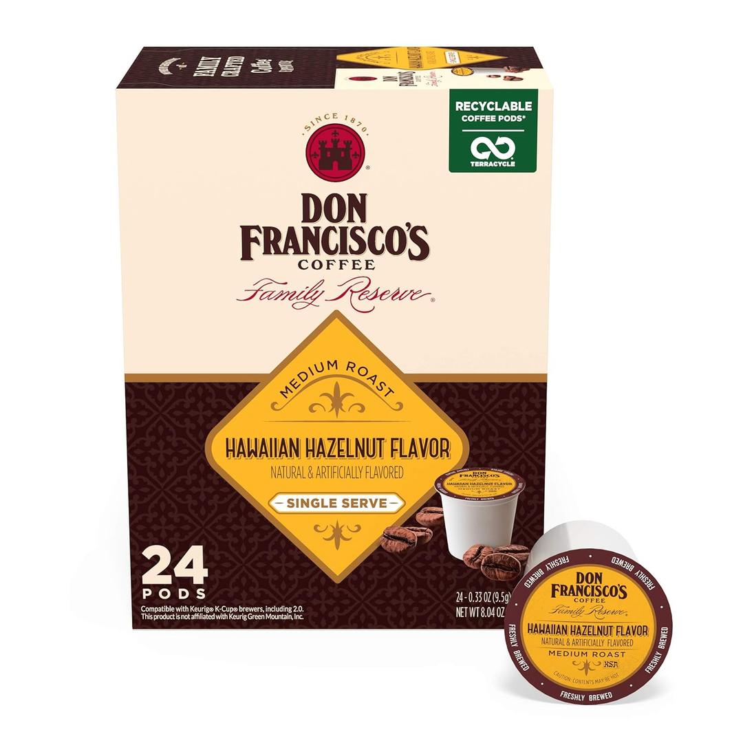 Don Francisco's Hawaiian Hazelnut Flavored Coffee Pods, 24 Count, Medium Roast, Compatible with Keurig Brewers