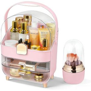 Makeup Organizer with 360 Rotating Brush Holder, Large Skincare Organizer for Vanity, Dustproof Cosmetic Display Case with 2 Drawers for Bathroom Countertop, 16" Tall Portable Beauty Storage,pink