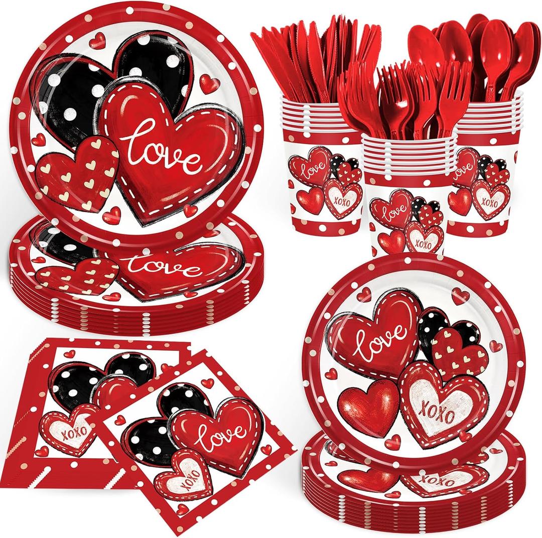 168Pcs Valentine's Day Party Supplies Red and Black Heart Party Decorations Cute Romantic Love Paper Plates Napkin Cups for Wedding Engagements Anniversary Birthday Tableware Serve 24 Guests