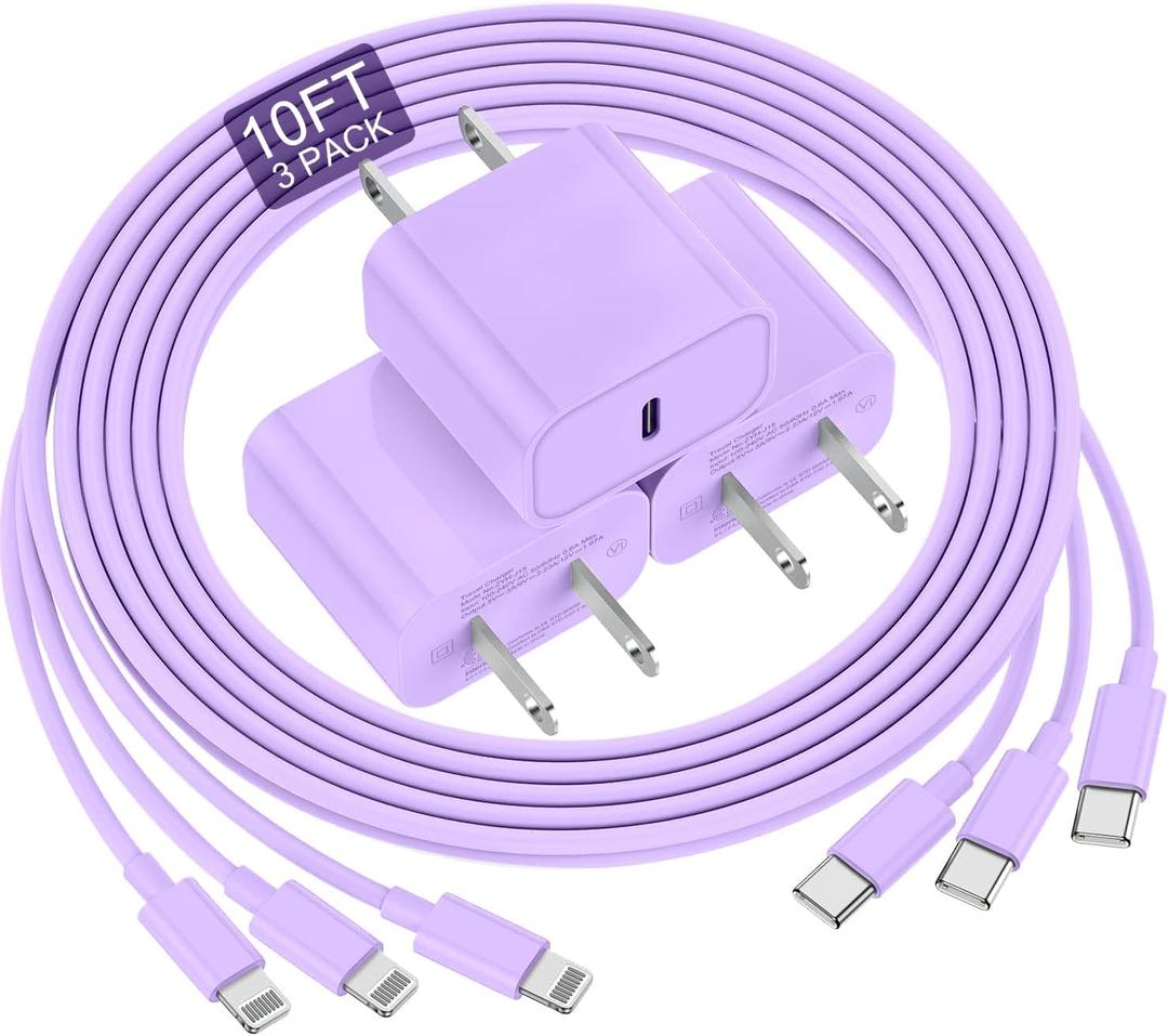 Phone Charger Fast Charging 10 FT, Long USB C to Lighting Cable 10 Foot with 20W USB C Rapid Phone Charger Block, Compatible with iPhone 14 Pro/13Pro Max/12/11Pro/Mini, 3 Pack-Purple