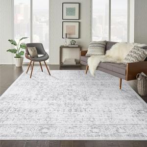 LIVEBOX Traditional Rug 9x12 - Large Gray Vintage Rug for Living Room, Washable Soft Floral Carpet Anti-Skid Thin Neutral Rugs for Office Bedroom Dining Room, Silverygray