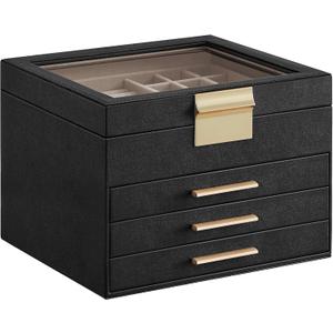 SONGMICS GISELLA Collection - Jewelry Box Organizer, 4-Layer Jewelry Storage with 3 Drawers, Shiny Metal Hardware, Glass Lid, Modern, 8 x 9.1 x 6.5 Inches, Ink Black and Gold Color UJBC173B01