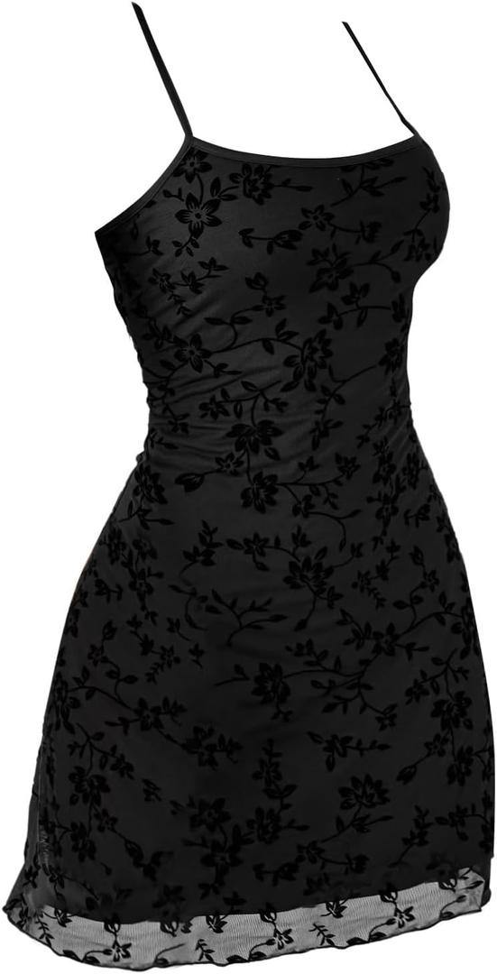 Verdusa Women's Mini Dress Floral Spaghetti Strap Mesh Short Dresses Going Out Sundress Y2k Gothic Clothes Dark Black, X-Small
