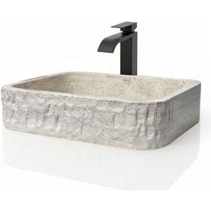 Rectangular Travertine Vessel Sink, Natural Stone Wash Basin, Hand-Carved Bathroom Sink, Chiseled Exterior, Polished Interior, Above Counter Vanity (Soap Tray Included)