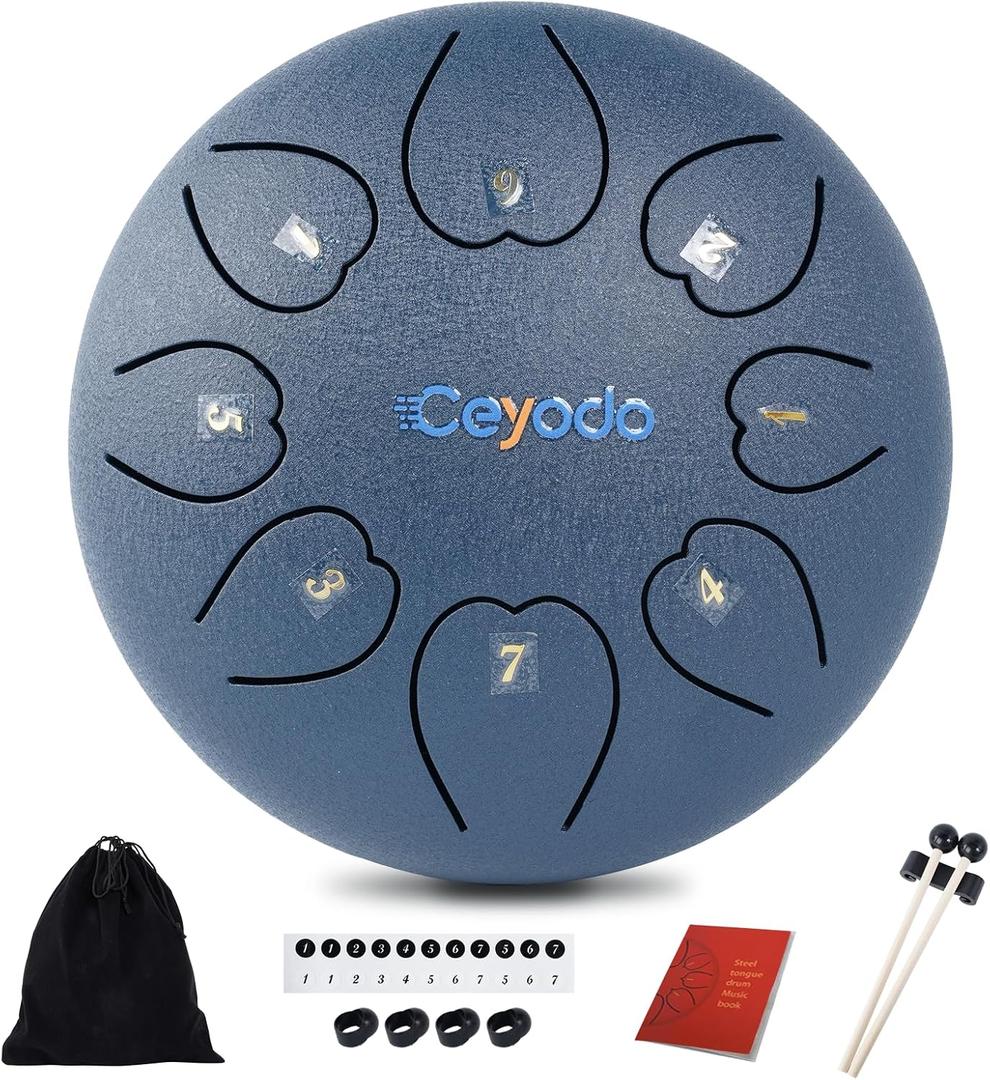 Rain Drum for Outside Garden, Steel Tongue Drum, Rain Chime Drum, Hand Pan Musical Instrument Christmas Gift with Bag for Adult, Mallets for Meditation Yoga (Navy, 6" 8 Notes,D Key)