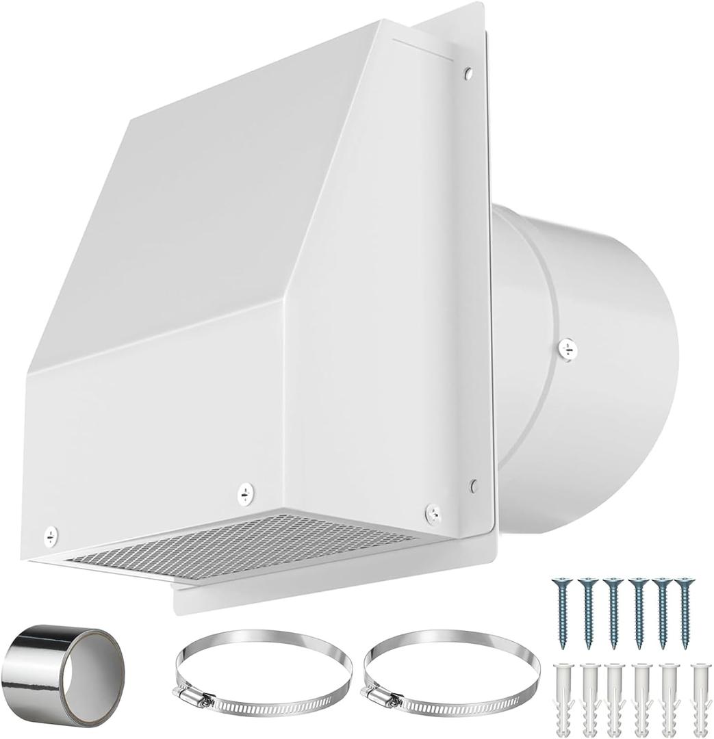 8 Inch Galvanized Steel Hooded Wall Vent Cover with Screen & Damper - Outdoor Exhaust Vent Cap for Dryer, Bathroom Fan, Range Hood, HVAC Duct - Includes Aluminum Foil Tape & Clamps