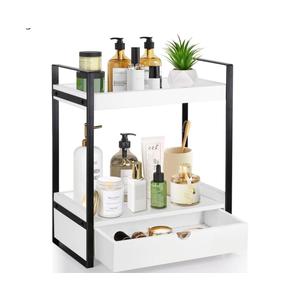 2-Tier Wooden Counter Shelf with Drawer, Vanity Tray for Organization and Decor, Countertop Organizer for Bathroom and Kitchen