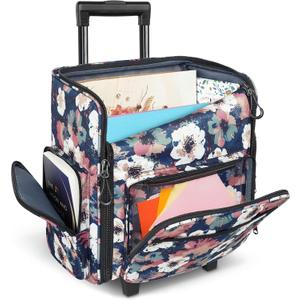 YOREPEK Rolling Craft Bag, Large Roller Scrapbook Tote with Wheels, Water Resistant Scrapbooking Rolling Briefcase for Scrap Book Stickers Supplies and Tools, Gift for Crafter Artist Teacher, Floral
