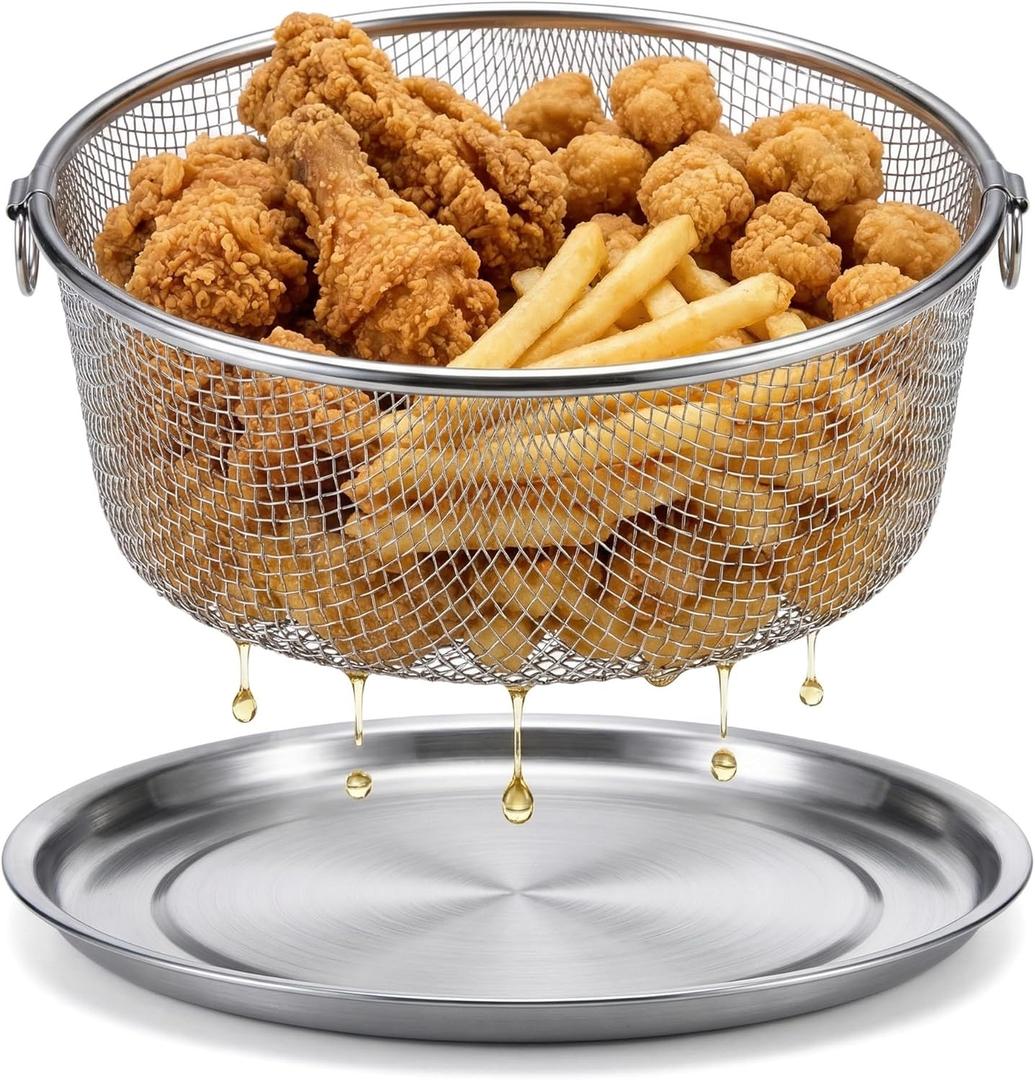 Air Fryer Basket & Rack - 18/8 Food-Grade Stainless Steel, Multi-Use Steamer for Instant Pot, Replacement Combo with Drip Tray & Double Hanging Loops, German Craftsmanship, Deep Style