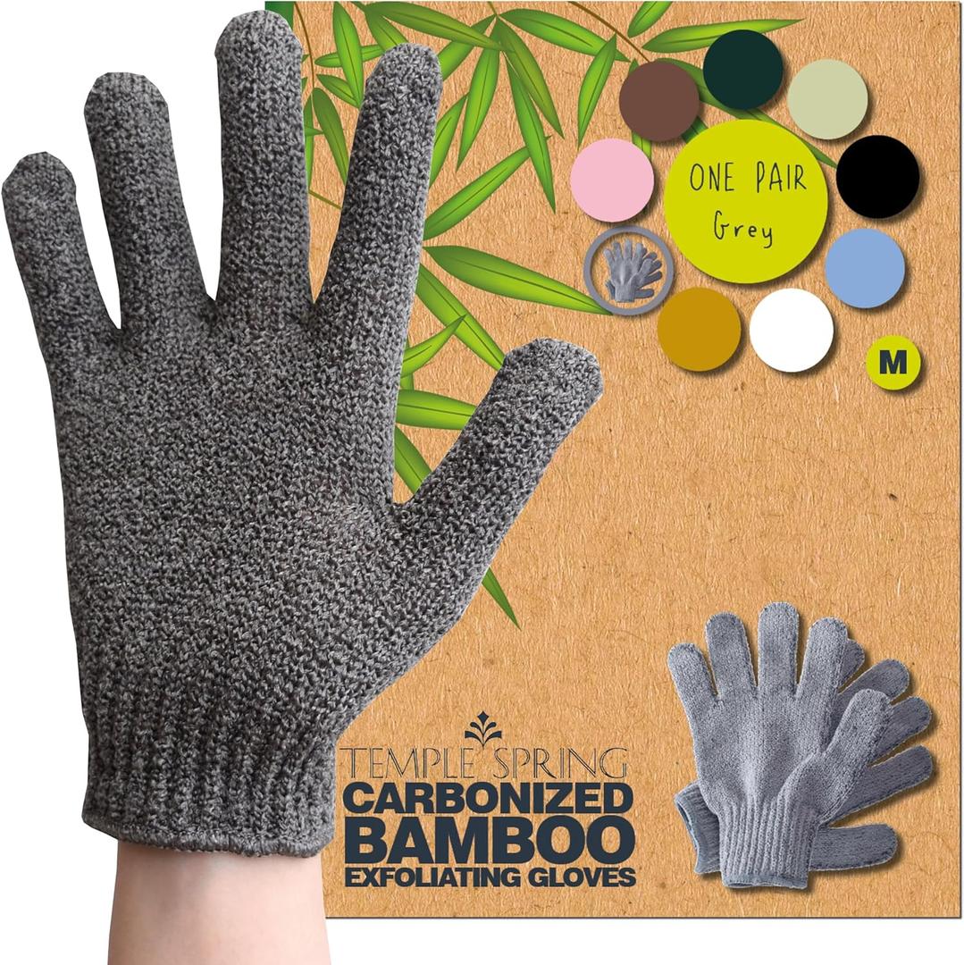 Temple Spring Exfoliating Glove, Carbonized Rayon Bamboo Exfoliating Body Scrubber, Loofah Washcloth, Exfoliate Loofa Shower Scrubber, Body Exfoliator Scrub, Shower Loofah Bath Sponge - Grey & White XL