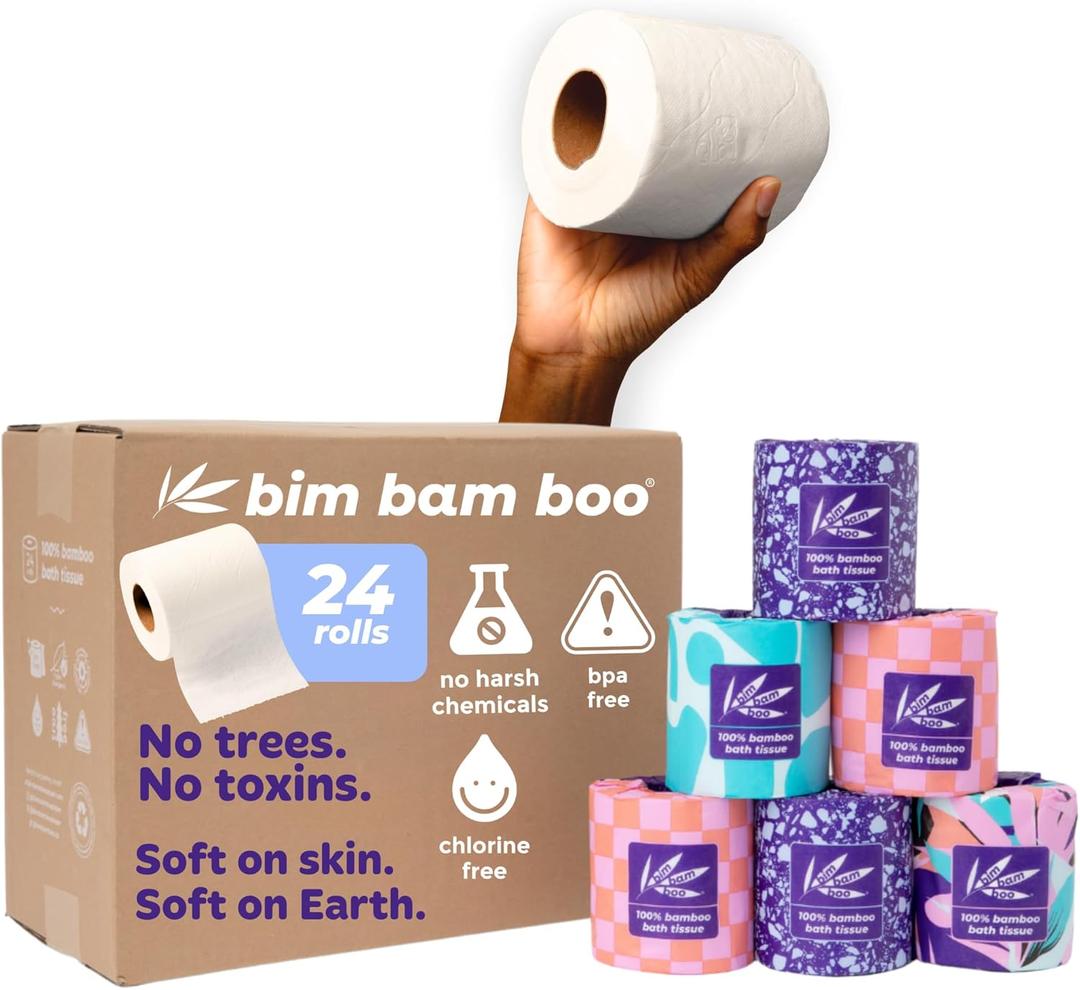 Bim Bam Boo 100% Bamboo Organic Chemical-Free Bulk Toilet Paper, Cloud-like Softness, Plant-Based Sustainable Tree-Free Bathroom Tissue, 24 Eco-Friendly Rolls, 2 Ply, 295 Sheets for RV and Camping