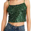Sequin Cami Top Square Neck Sparkly Tank Top Sleeveless Party Camisole Shirts (Green, L)