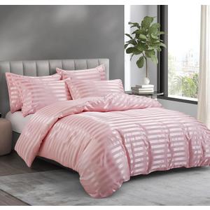 P Pothuiny 5 Pieces Satin Striped Duvet Cover Full/Queen Size Set, Luxury Silky Like Blush Pink Stripe Duvet Cover Bedding Set with Zipper Closure, 1 Duvet Cover + 4 Pillow Cases (No Comforter)