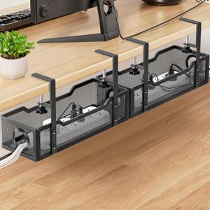 Under Desk Cable Management Tray, GZOKMOG Cord Management with Upgraded Clamp No Drill, Metal Cable Management Box for Home Office, Wire Management for Standing Desk, 2 Pack Black, 13.38 inch