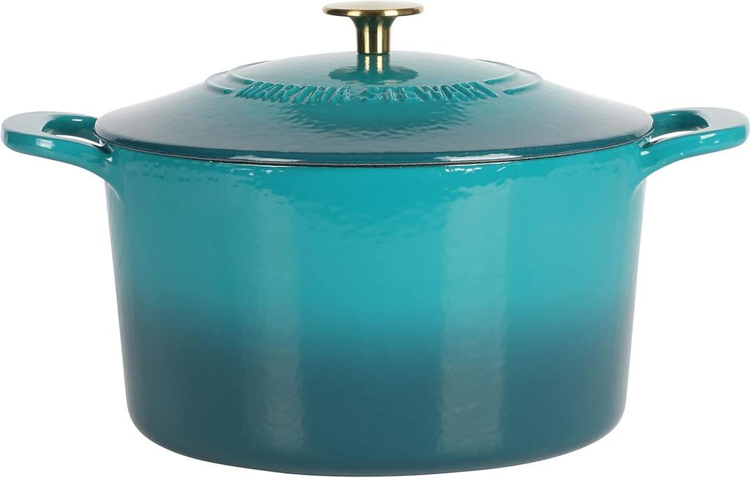 Martha Stewart Gatwick 7-Quart Enamel Cast Iron Dutch Oven  Emerald Ombre with Gold Knob  Durable Heavy-Duty Dutch Oven for Slow Cooking, Braising & Baking
