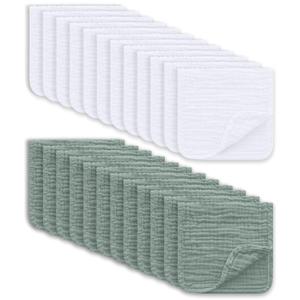 Ease Cubs Muslin Burp Cloths Large 100% Cotton Hand Washcloths for Boys & Girls, Baby Essentials Extra Absorbent and Soft Burping Rags for Newborn Registry (White & Green, 24-Pack, 20" X10")