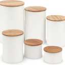 6 Canister Set for the Kitchen Countertop  Metal Food Storage Canisters with Airtight Lids for Flour, Tea, Crafts, Coffee, & Sugar  Container Set with Modern Wood Lids, White