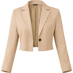 ELLEVEN Womens Cropped Blazer Business Casual Open Front Long Sleeve One Button Jacket (Beige, XS)
