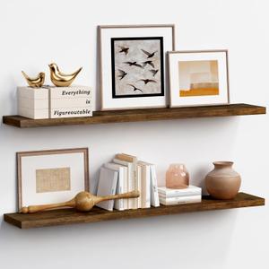 48 Inch Long Floating Shelves, Rustic Brown Wall Shelf for Living Room, 48 x 8 Inch 2-Pack
