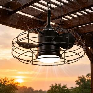 20" Outdoor Caged Ceiling Fan with Light & Remote, Black | Plug-in Hanging Gazebo Fan with Remote & Extra Long Cord, Caged Low Profile Ceiling Fan for Patio, Pergola, Porch, Deck