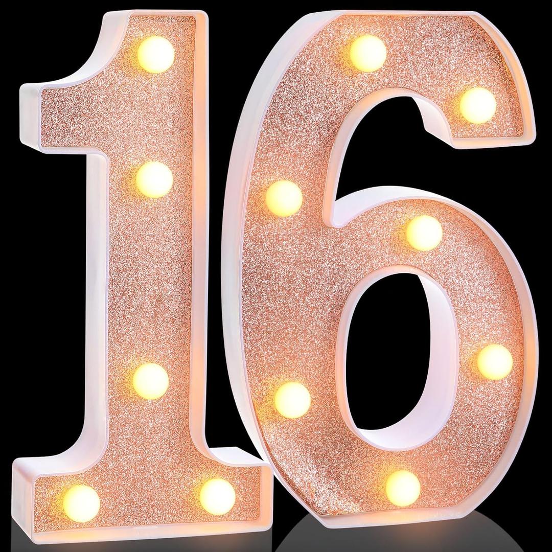 Treela 8.7'' Birthday Decorative LED Light up Numbers, Glitter Marquee Number Sign for Night Birthday Party Decorations Anniversary Bar LED Sign Backdrop Wall Table Centerpieces(16th,Rose Gold)