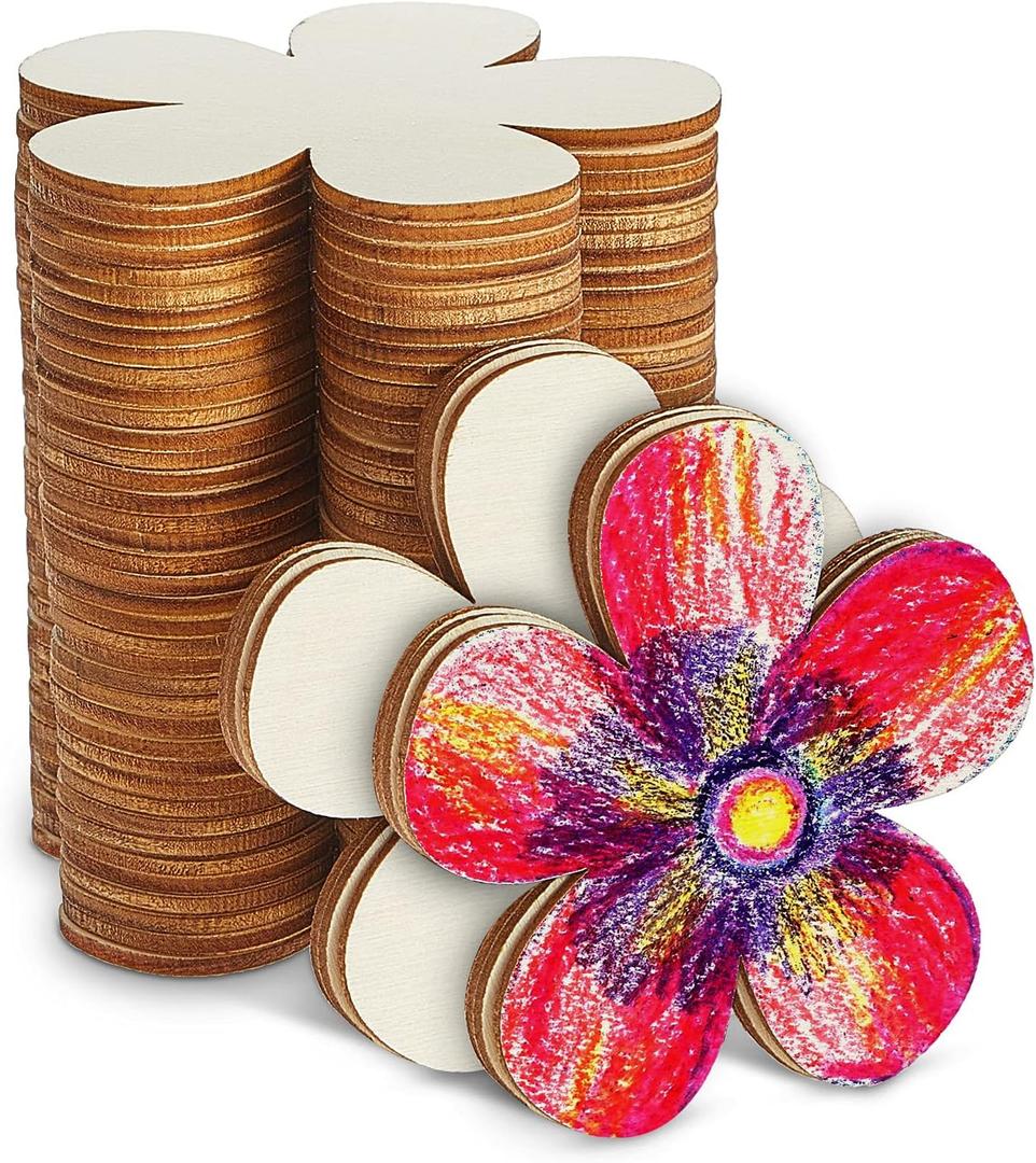 Blulu 3 Inch Unfinished Wooden Flower Cutouts Wooden Discs Crafts Blank Flower Shape Ornaments Embellishments Slices for DIY Projects Decoration(50 Pcs)