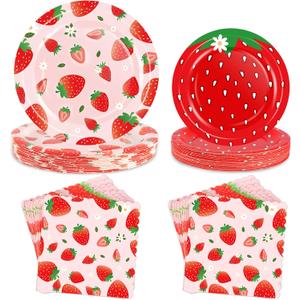 OuMuaMua Strawberry Birthday Decorations, 75 Pcs Disposable Fruit Paper Plates and Napkins Tableware Set for Summer Sweet One 1st Baby Shower Berry First Strawberry Themed Party Supplies, Serves 25