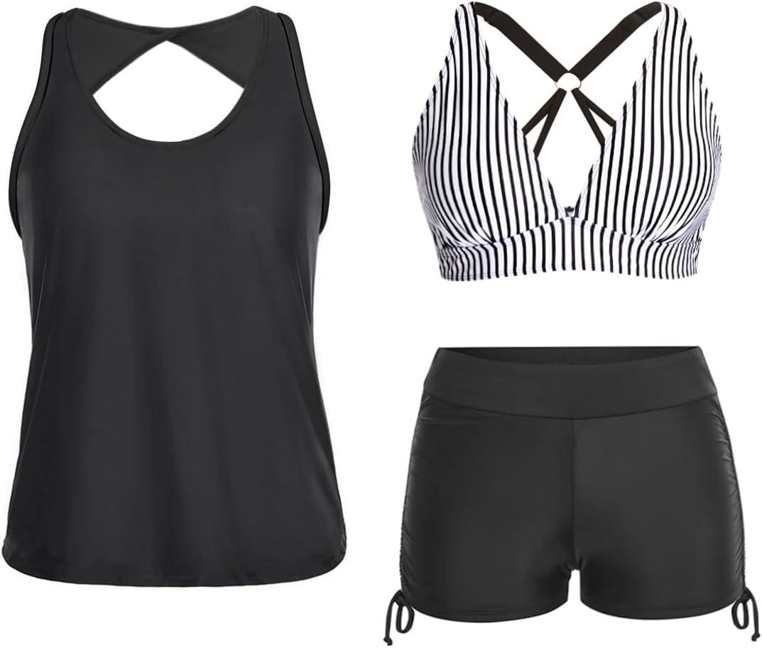 Yonique 3 Piece Tankini Swimsuits for Women Swim Tank Top Bathing Suits with Boy Shorts and Bra Athletic Swimwear (X-Small, Black and Striped)