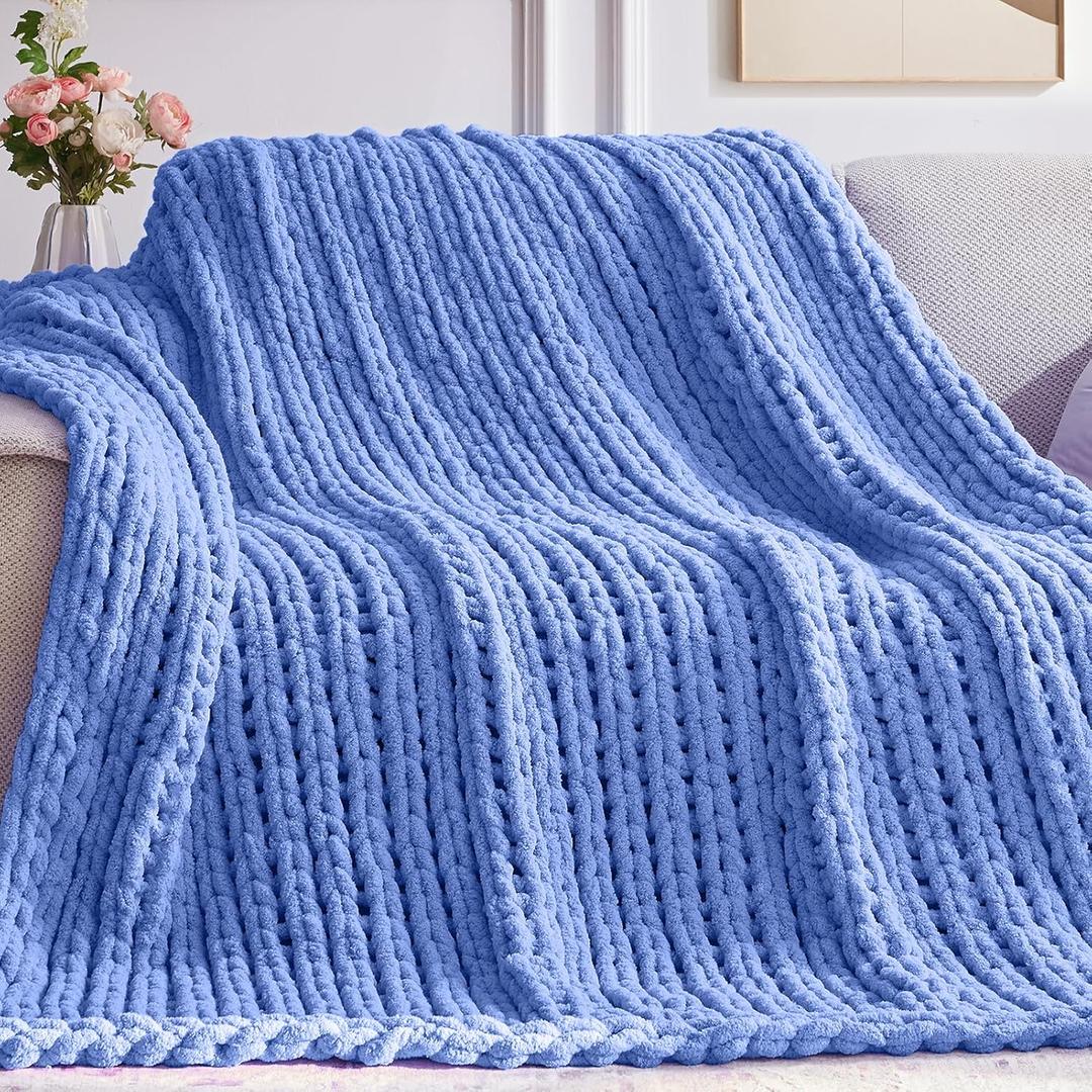 Negwoo Chunky Knit Throw Blanket, 60''*80'' Knitted Throw Chenille Yarn for Bed Couch, Handmade Light Blue Crochet Big Thick Blanket, Machine Washable Cute Comfy Blanket for Home Decor