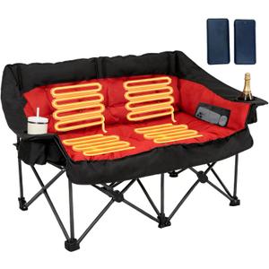 Heated Double Camping Chair with 2 Battery, Padded Camping Couch with 3 Heat Levels and 4 Heating Zones，Oversized Heavy Duty Folding Camp Chairs, Camping Couch for Soccer Games, RV Travel, Beach Days, 45.7 x 22.8 x 35.4 inches